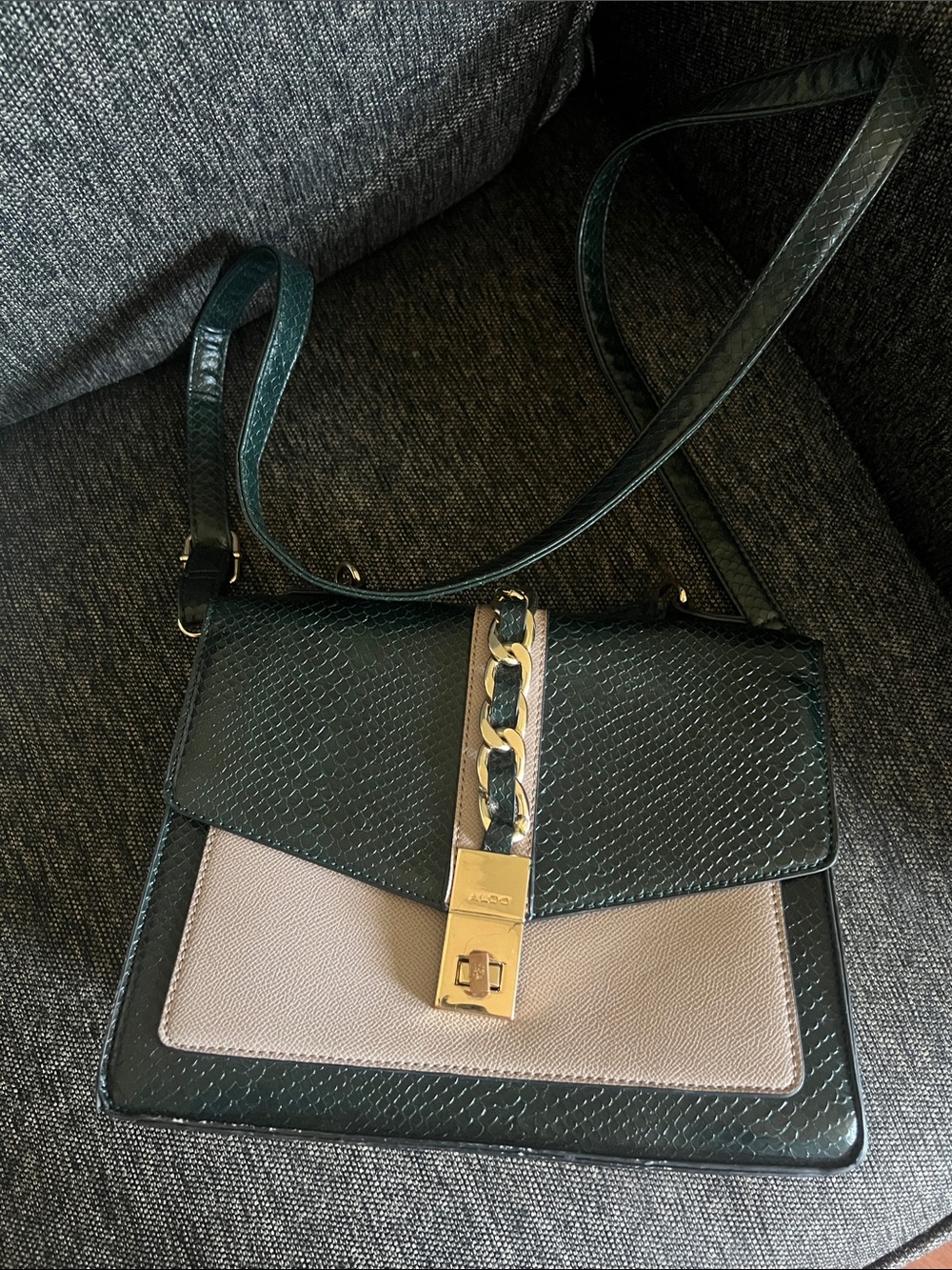 Aldo Dark Green and Taupe Faux-Snakeskin Crossbody with Gold Hardware